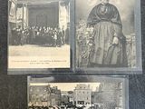two old black and white photos of women and men in front of a building