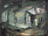 an oil painting of a man standing in a room with a horse