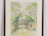 aquarelle encadrée représentant une maison dans les bois