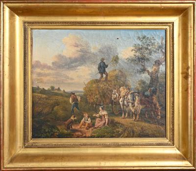 une image représentant un tableau où l'on voit un homme à cheval entouré d'un groupe de personnes