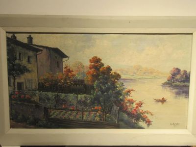a picture of a painting of a house by the water