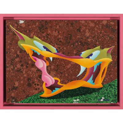 peinture abstraite représentant deux oiseaux dans un cadre rose sur fond marron