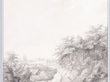 a drawing of a landscape with two men and a dog