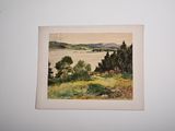 an image of a painting of a view of a lake and mountains