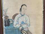 an old picture of a woman sitting at a table with a tea pot