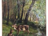a painting of a deer and a deer in the woods