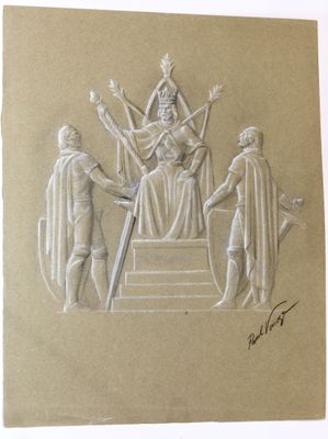 an image of a drawing of a woman on a throne surrounded by men