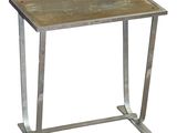 a metal table with a wooden top on a white background