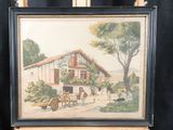 a picture of a painting on a easel with a horse drawn carriage