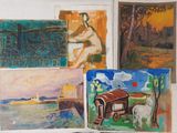 many paintings on the wall of this room