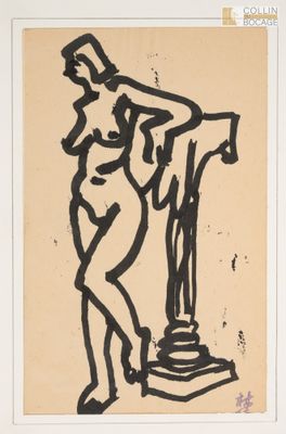 une image représentant le dessin d'une femme debout à côté d'une statue