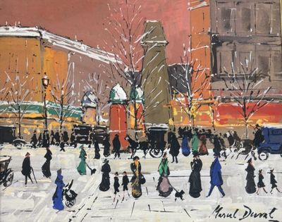 un tableau représentant des personnes marchant dans la neige dans la rue