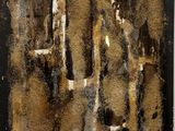 an abstract painting of a group of people standing in front of a wall