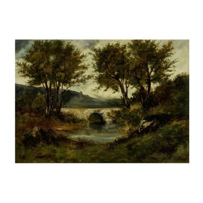 l'image d'une peinture représentant une rivière avec des arbres au premier plan