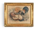 tableau représentant un coq et un canard dans un cadre doré