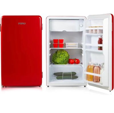 une photo d'un réfrigérateur rouge dont la porte est ouverte