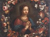 un tableau représentant une femme entourée d'une couronne de fleurs