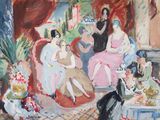 a painting of a group of people sitting around a table