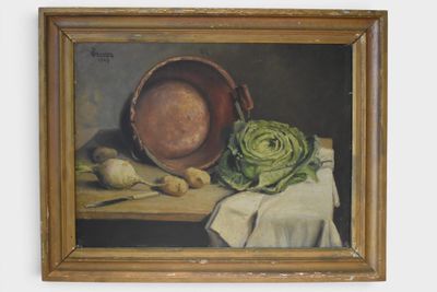 a painting of a bowl and vegetables on a table