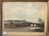 an oil painting of a river scene with a bridge over a river