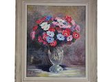 an oil painting of a vase of flowers on a table