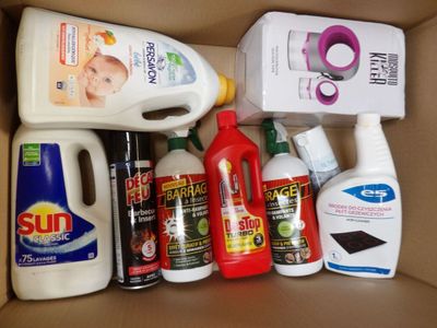 a box full of cleaning products and a bottle of deter