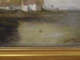 a picture of a painting of a house by the water