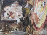 a painting of a man and a woman standing in front of a flag