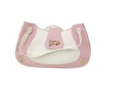 pink and white handbag with a teddy bear on the front
