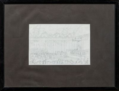un dessin représentant un dessin d'un bâtiment avec une foule de personnes