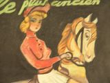 chalk drawing of a woman riding a horse in front of a blackboard