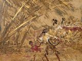 une peinture à l'huile représentant une scène de corrida avec un homme tenant un lasset