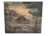 an image of a painting of a man and a dog in a boat on a lake