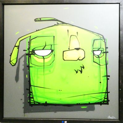 painting of a green face with a black outline on a gray background