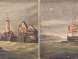 three pictures of a painting of boats in a body of water