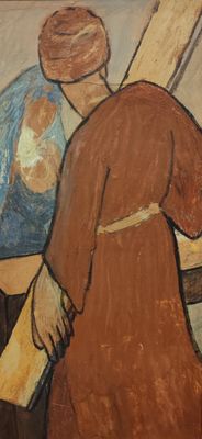 un tableau représentant un homme portant une croix en bois