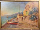 une peinture d'un bateau sur la plage au bord de l'eau