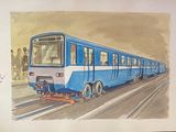 drawing of a blue and white train traveling down tracks next to a building