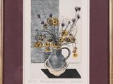 painting of a vase of flowers on a table with a window in the background