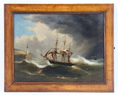 un tableau représentant un bateau sur une mer agitée, avec un phare en arrière-plan