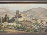 an oil painting of a castle on a hill with trees and hills in the background