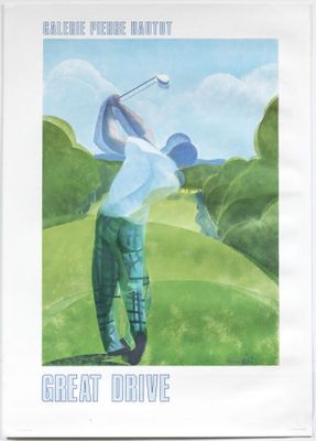 painting of a man swinging a golf club on a sunny day