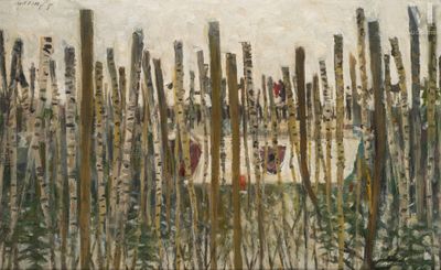 a painting of a boat in the water with trees in the background