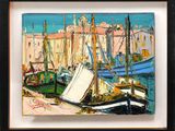 une peinture de bateaux dans un port avec des bâtiments à l'arrière-plan