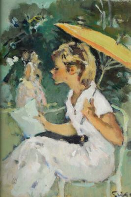 un tableau représentant une femme assise sur une chaise, tenant un parapluie jaune