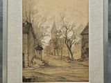 une image représentant un dessin d'un village avec une église en arrière-plan