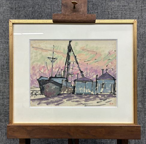 Charles BICHET (1863-1929) « Bateau à quai ». Gouache. Cachet du ...