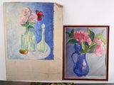 a painting of a vase of flowers next to a painting of a vase of flowers