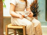 a painting of a little girl sitting on a chair reading a book