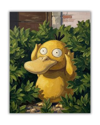 un tableau représentant un canard jaune dans un buisson, avec un mur de briques en arrière-plan